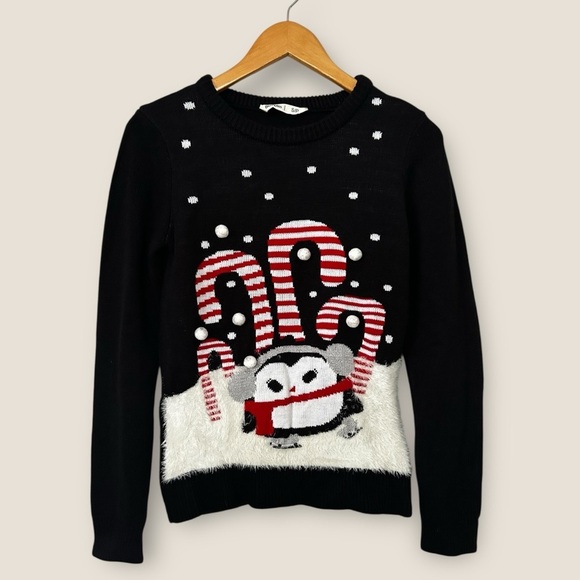 Bluenotes Sweaters - Bluenotes Black Knit Christmas Candy Cane Penguin Sweater